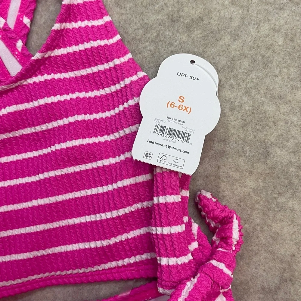 Wonder Nation Pink White Stripes Ribbed Cutout Bow Tie Sides Swimsuit Girls size